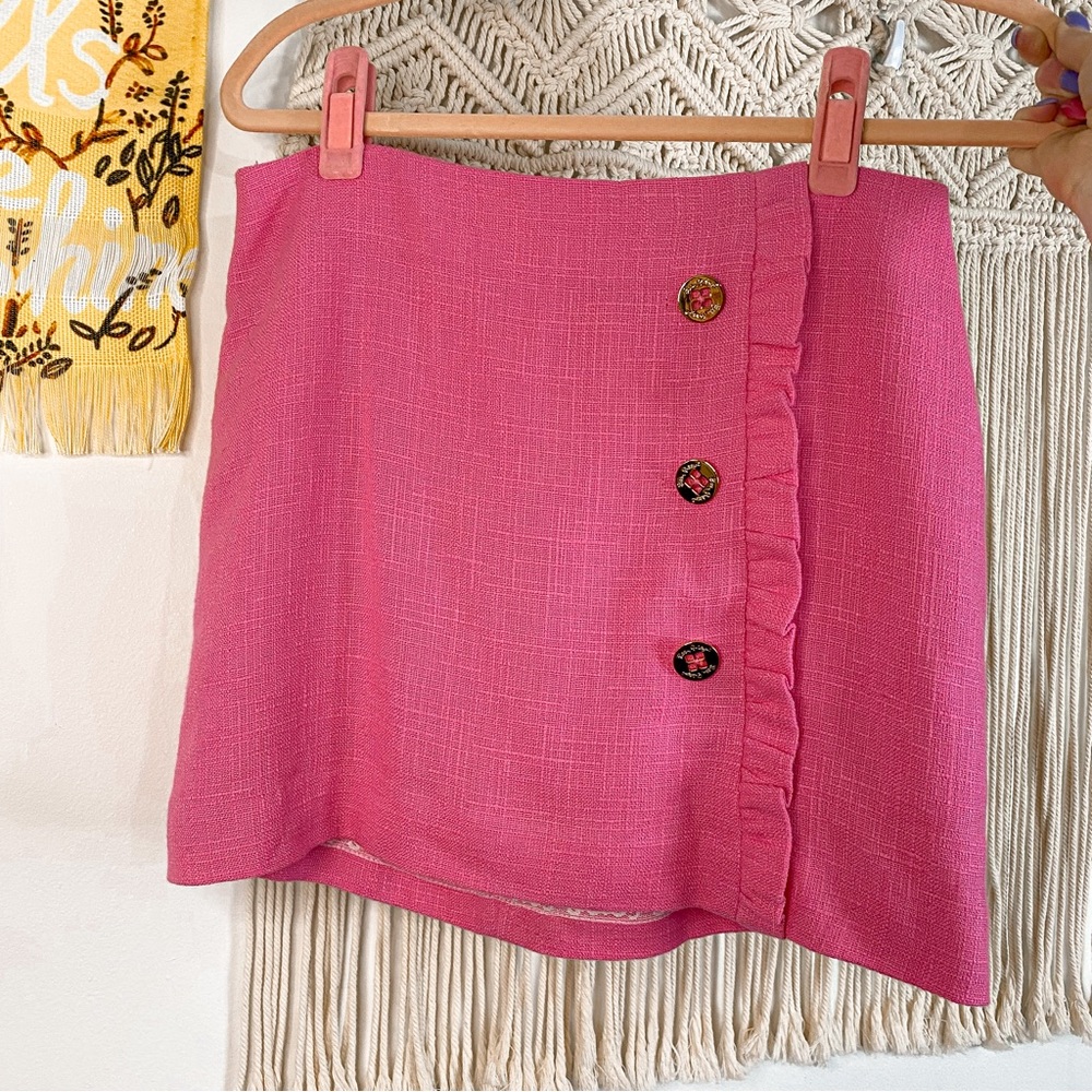 Lilly Pulitzer Hayes Ruffle Linen Skirt in Hotty Pink Gold Buttons Size 2 XS